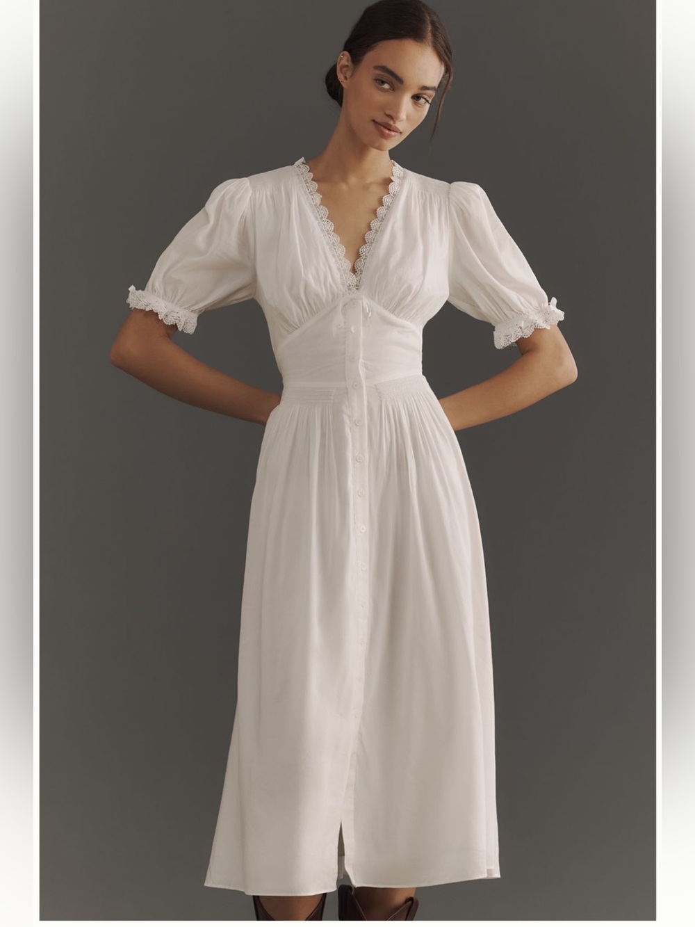 Reformation White Puff-Sleeve Button-Front Midi Dress